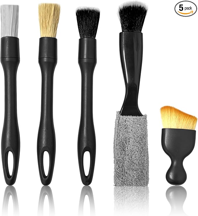 5 PCS Car Detailing Brush Set-Car Interior & Exterior Soft Boars Bristle Cleaning Brushes,Dusting Cleaning Supplies for Auto Detailing, Dashboard, Vents, Wheels,Tires,Leather Seat