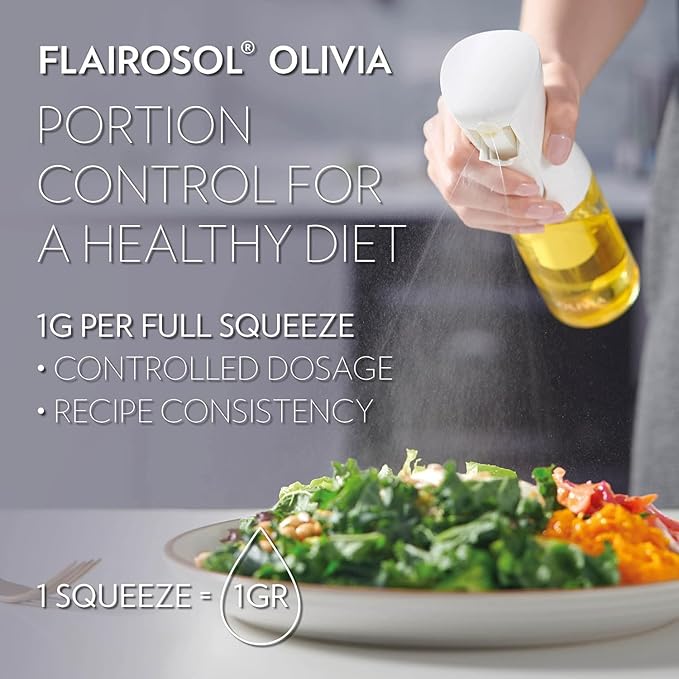 FLAIROSOL OLIVIA. The Original Advanced Oil Sprayer for Cooking, Salads, BBQs and More, Continuous Spray with Portion Control, Trusted by Chefs. Patented Technology. (Glass Bottle) (Golden Leaves) | Portion control mist for air fryer, salad, BBQ, refil...