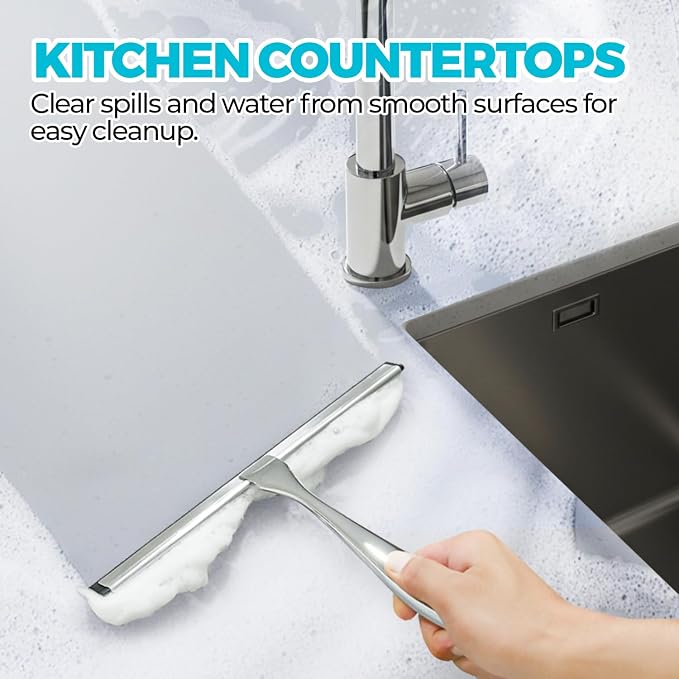 2pcs Shower Squeegee for Glass Doors with Adhesive Hanging Hook Set | 9.9” Silver, Bathroom Accessories, Window Cleaner, New Home Essentials, Soft Rubber Blade, Metal Handle, Ergonomic Grip