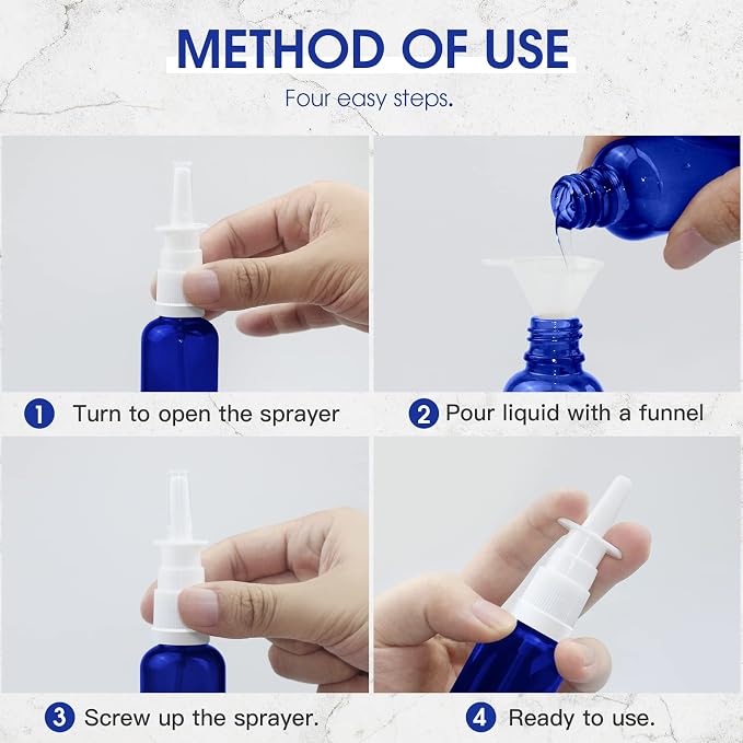 Nasal Spray Bottle, 3 Pcs 30ML/1oz Glass Refillable Continuous Fine Mister Spray Bottles, Travel Sized Empty Nasal Sprayer with Sprayers, Funnels and Labels(Blue)