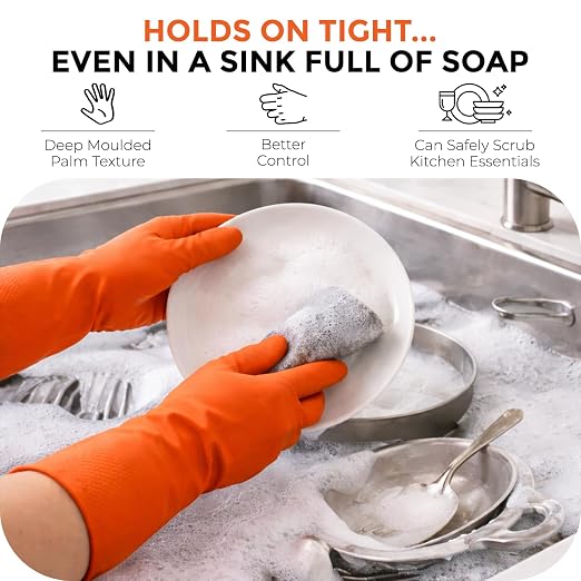 LADWA 2 Pairs Non-Slip Household Cleaning Reusable Dishwashing Gloves for Kitchen Washing Dishes Bathroom Gardening & Home Tasks Flexible Long-lasting Waterproof Gloves Perfect for Woman Men (Orange)