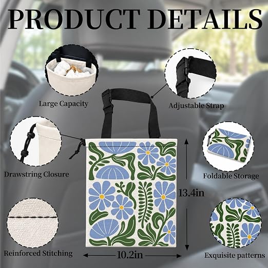 Boho Abstract Flower Car Garbage Bag Canvas Trash Can | Rustic Blue Floral Drawstring Car Trash Bag Hanging for Back Seat with Adjustable Buckle
