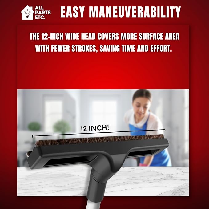 Vacuum Floor Brush Attachment, 12 Inch Brush for 1.25” Vacuum Accessories with Two Adapters for 1 3/8” & 1.5" Compatibility with Shop Vac, Shark, Miele, Bissell, Nutone, & Central Vacs