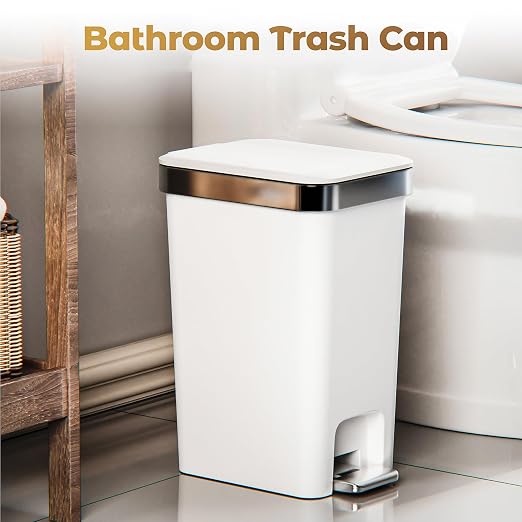 Small Bathroom Trash Can with Lid,2.6 Gallon Step Pedal Wastebasket | Plastic Garbage Can with Pop-Up Lid and foot pedal,Dorm Trash Can,White Trash Bin for Bedroom,Office,Laundry,Toilet,Rv