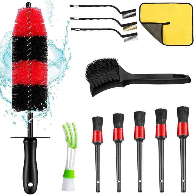 Nolimas 12Pcs Car Wheel & Tire Brush Kit,Including 17inch Long Wheel Brush,Short Handle Tire Brush,5pcs Boar Hair Detailing Brushes Kit & 3pcs Wire Brushes for Cleaning Car Wheels & Interior Exterior