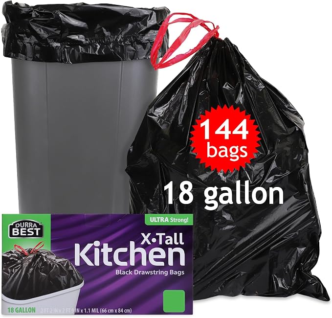 Heavy-Duty Trash Bags – 144 count, 18 Gallon Black, Ultra Thick Drawstring Garbage Bags – Leak-Resistant for Home & Commercial Use, Big Trash Bags
