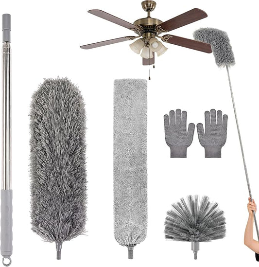 Cobweb Duster with Extension Pole, Washable Cleaning Microfiber Feather Duster 5-in-1 Kit with 3 Duster Heads, 100'' Bendable Extendable Long Duster for High Ceilings, Fans, Blinds, Furniture & Car