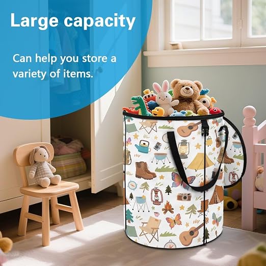 White Camping Trash Can Collapsable Cute Design Large Capacity Outdoor Garbage Can with Zipped Lid Water Resistant Trash Can Bags for Travel, Hiking, Outings