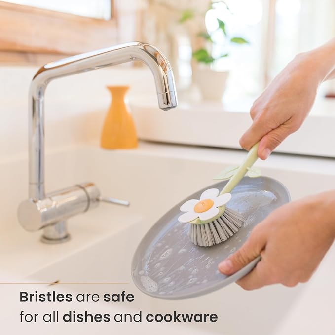 Vigar Florganic Dish Brush with Holder, Dish Scrubber, Orange | Dish Scrubber With Handle, Pot Scrubber, Kitchen Scrub Brush, Dishwashing Brush Tool for Sink Cleaning