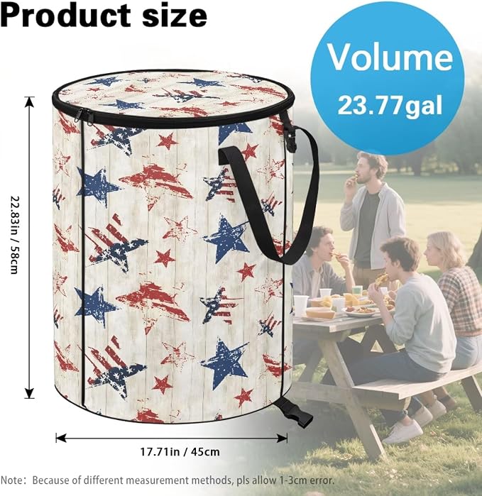 Collapsible Garden Leaf Bin Reusable Container Bag 24 Gallon Large Capacity Foldable Trash Can with Lid and Handle for Camping Outdoor Picnics, American Flag Print