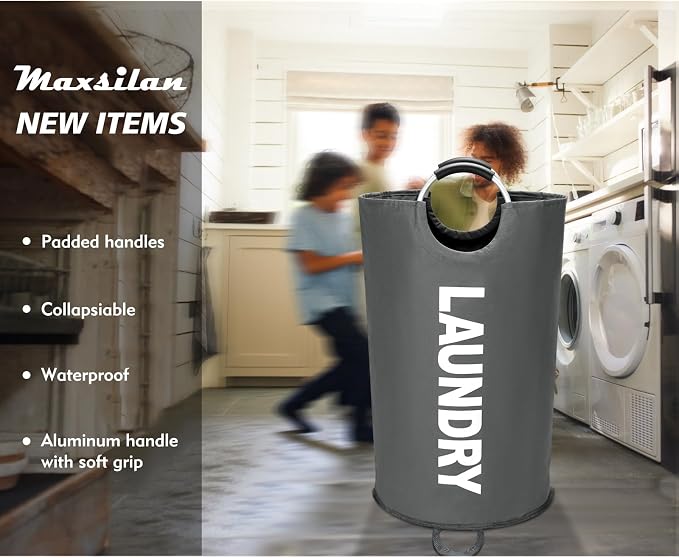 Maxsilan 90L Large Laundry Basket Bag, Collapsible Tall Hamper, Dark Grey | Freestanding tall laundry bag & foldable washing basket. Large capacity clothes storage bin with durable sturdy handles