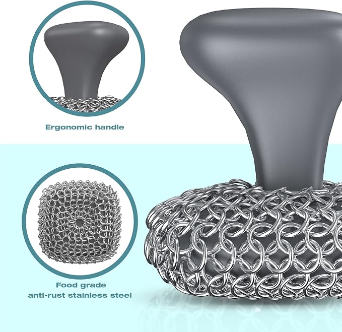 Cast Iron Scrubber Dish Scrub Brush for Cast Iron Pan Skillet | 316 Cast Iron Cleaner, Chain Mail Scrubber Cast Iron, Dish Scouring Pad, Dishwasher Safe, Cleaning Kit, Grey