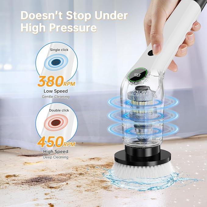 PUFTEM Electric Spin Scrubber, Cordless Shower Scrubber, Adjustable Handle | Dual Speed, 8 Replaceable Brush Heads, Adjustable Extension Handle, Battery Level Display, Bathtub, Tile & Floor Cleaning
