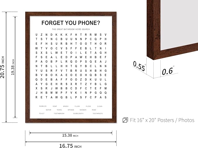Poster Master 2-Piece Forget Your Phone Print - The Great Bathroom Word & Way Search Poster - Guest Bath Decor - Black & White Design - Powder Room Decor - Fun Restroom Sign - 16x20 Brown Framed