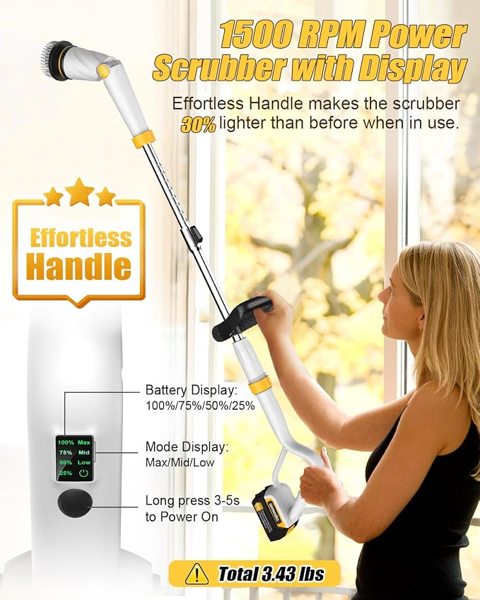 Qimedo Electric Spin Scrubber Q2, 4000mAh Battery, 1500RPM High Power | Floor Scrubber Machine with Long Handle, Cordless Cleaning Brush, 8 Brush Heads and Smart Display for Showers, Tubs and Tile