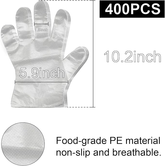 400 PCS Disposable Plastic Gloves Cleaning Gloves Household Food Safe, Latex-Free, Powder-Free, One Size Fits Most for Cooking, Food Service, Cleaning, Food Handling, Clear Disposable Food Prep Gloves