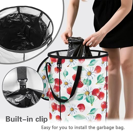BIGCARJOB Daisy Cherry Foldable Trash Can Outside Waste Basket Bin Water Resistant Garbage Bag Recycling Bin Trash Can with Lid and Clip(23 Gallons), 22.83x17.71 in