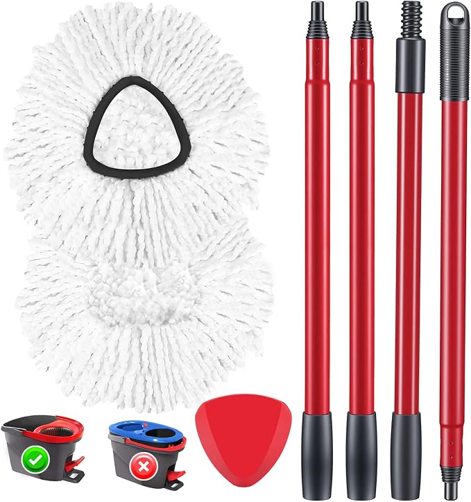 Spin Mop Replacement Head Compatible with O Ceda EasyWring 1-Tank System | 2 Microfiber Spin Mop Refills, 1 Triangle Mop Base Head and 4-Section Iron Mop Handle 30-58in for 1 Tank System (2+1+1)