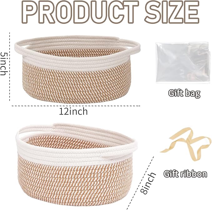 JMvicyroam Small Woven Basket, Empty Gift Basket, White&Brown Block/2 Pack | Small Gift Basket, Cotton Rope, 12 x 8 x 85 in, Handles, Includes Ribbon and Bag, Birthday Gift Basket