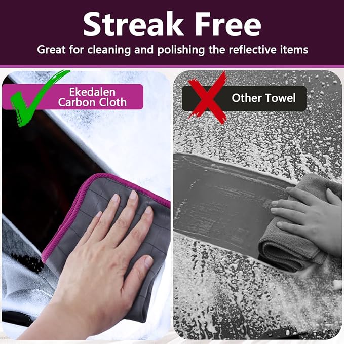 Microfiber Cleaning Cloth Lint Free Glass Polish, Purple-Dark Grey | 400GSM Carbon Fiber Cloth for Glass Window Mirror Kitchen, Streak Free, Auto Detailing Easy Clean, 16 x12 in, 6 Pcak