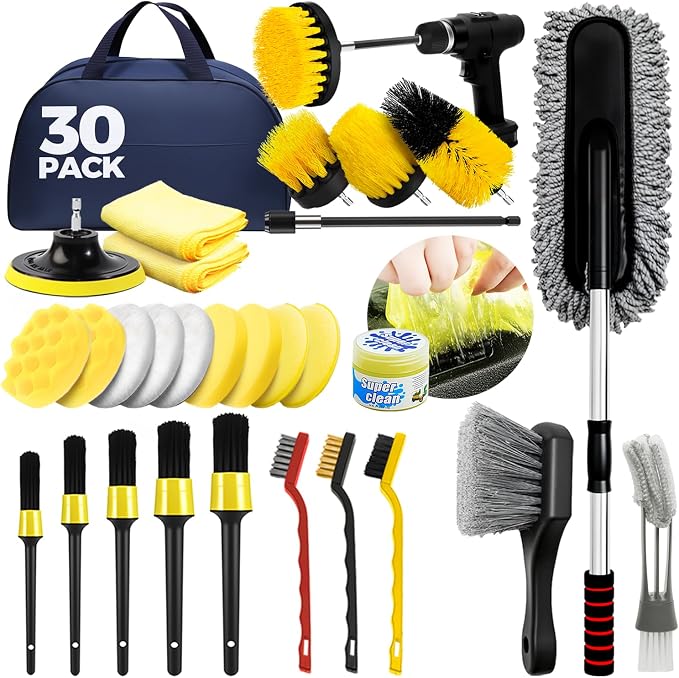 ALFLOD 30Pcs Car Detailing Kit for Interior, Exterior and Wheel Cleaning | Brushes, Towels, Wash Mitt, Cleaning Gel, Detail Brushes And Extendable‑Handle Duster For Vehicle, Home And Office Care Tasks