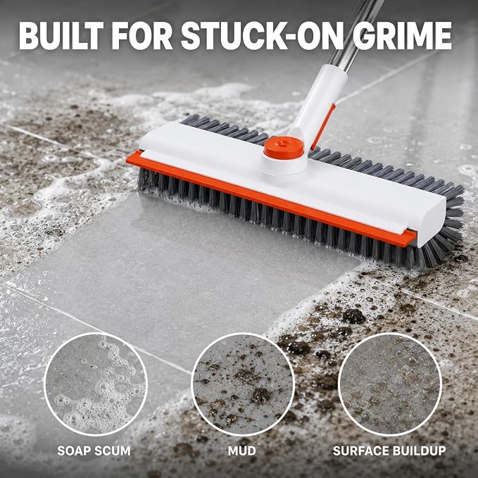 Heavy-Duty Floor Scrub Brush PRO with Long Handle,Squeegee&Stiff Bristles | Stable Locking Swivel Head Every 90°,Reinforced Stainless Pole,50" Long Reach,Indoor&Outdoor Use