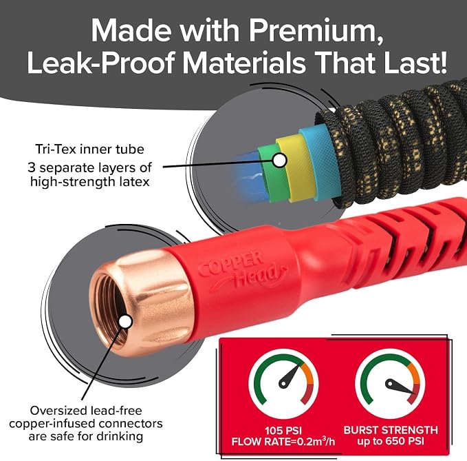 Pocket Hose 25 FT Copper Head Hose, Pocket Pivot, No Tangles, Anti-Burst | Anti-burst sleeve reinforced with bulletproof fiber, 360° swiveling pocket pivot connector, lightweight compact design