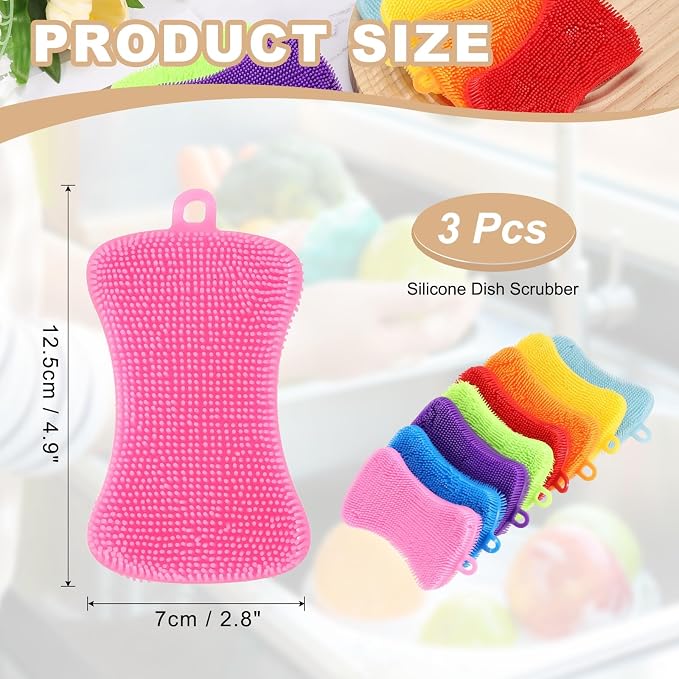 uxcell Silicone Dish Scrubber, 3 Pack Reusable Dishes Sponges Silicone Sponges Double Design for Kitchen Bathroom Cleaning Gadgets Accessories Countertop Cookware Pots Pans, Pink