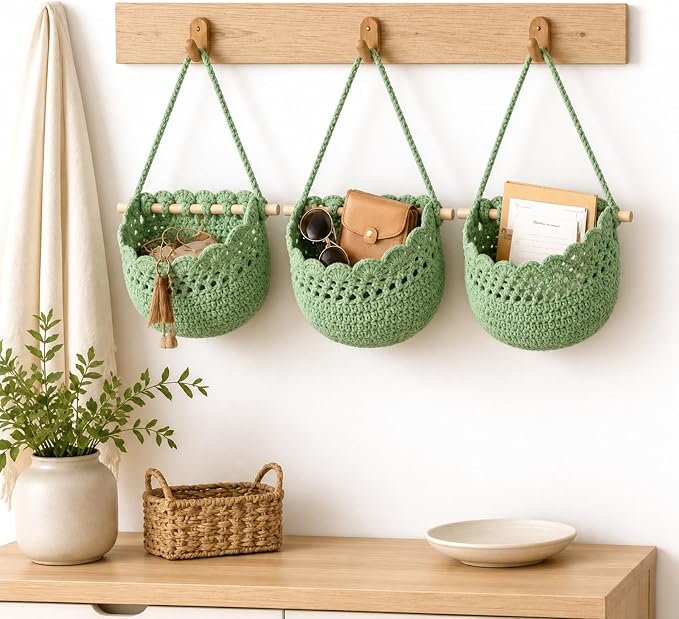 3 Hanging Baskets,Sage Green,Lace,Cotton Rope | Wicker Wall Baskets with Hooks for Fruit Vegetable Onion Storage, Teardrop Organizer for Kitchen, Boho Farmhouse Decor