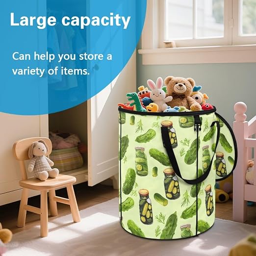 BIGCARJOB Pickled Cucumber Portable Trash Can Large Folding Big Trash Can with Lid Storage Bag Pop Up Trash Cans for Parties, 22.83x17.71 in