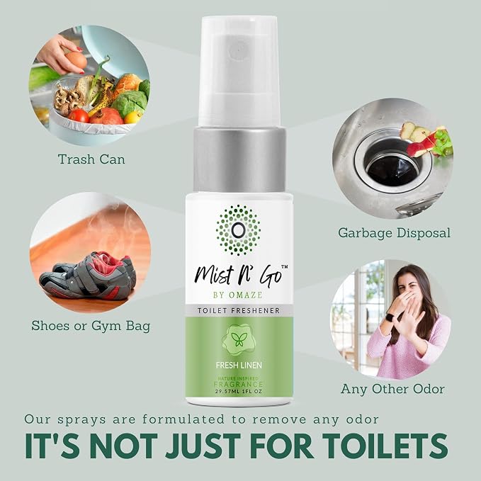Mist N' Go by Omaze Travel Bathroom Spray - Toilet Odor Eliminator & Air Freshener - Fresh Linen (1oz x2)