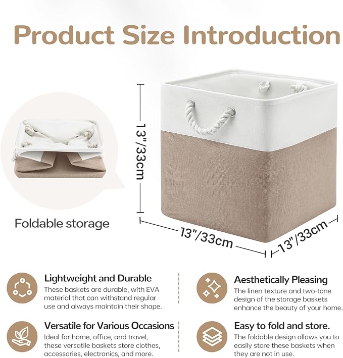13x13 Inch Foldable Fabric Cube Storage Bins with Handles 6 Pack | Sturdy Metal Strand, Cardboard Support Molding, Storage Basket, Cube Storage Bin for Shelves, Closet, Bedroom, White/Khaki