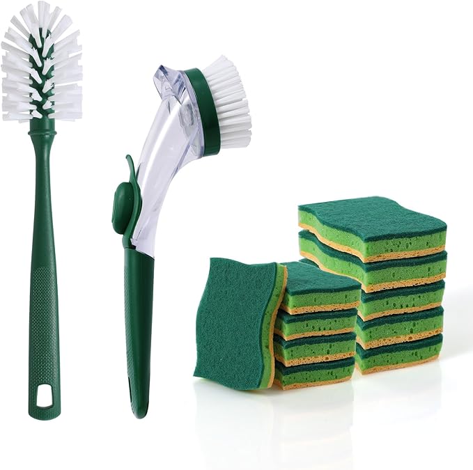 CLEANHOME Kitchen Cleaning Tool Set - 3-Pack Dish Scrub Brush Kit | with 10PCS Non-Scratch Scrub Sponges, Bottle Brush & Pot Scrubber, Safe for Cookware, Bathroom & Nonstick Surfaces