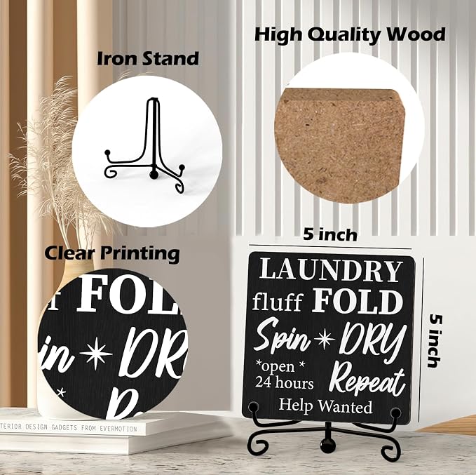 Laundry Room Sign, Washing Room Desk Decor, Laundry Fluff Fold Spin Dry Sign, Farmhouse Shelf Decor, 01