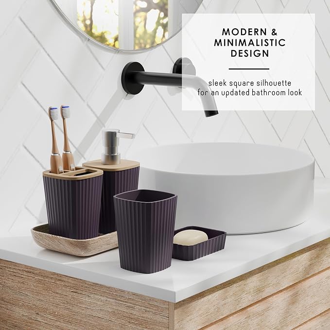 Clara Clark Bathroom Set - Purple Bathroom Accessories Set, 6PC Bathroom Accessory Set, Bathroom Sets with Adhesive Corner Shower Caddy Hanging, Toilet Brush, Trash Can & Soap Dispenser