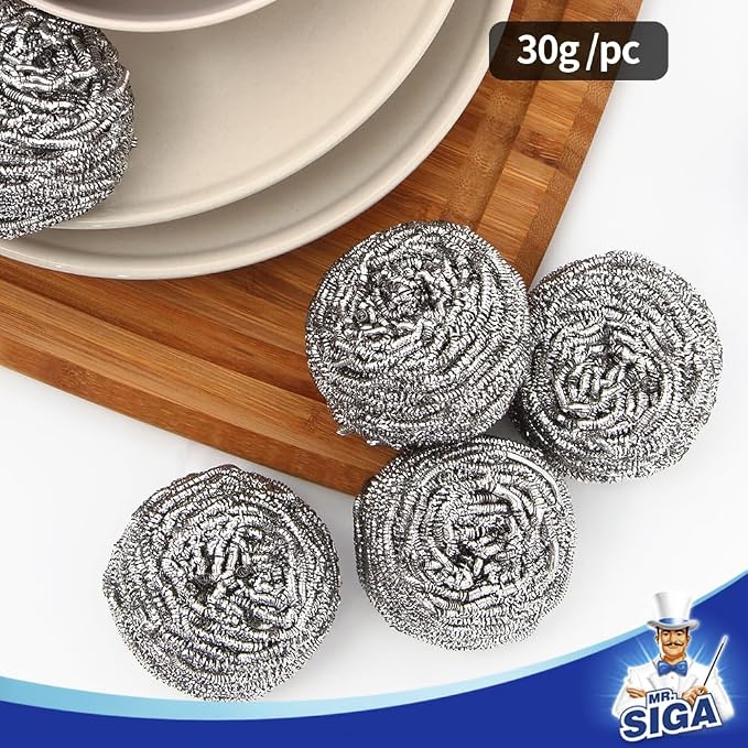 MR.SIGA Stainless Steel Scourer, Steel Wool Scrubbers, Pack of 6 | Scouring pads for cleaning tough baked-on messes, metal scrubbers for cleaning dishes pots, pans, grills and sinks