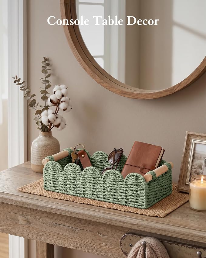 Toilet Paper Storage Basket for Toilet Tank, Bathroom Organizer | Scalloped Decorative Basket for Bathroom Home Decor, Woven Basket for Shelves, Living Room, Countertop, Paper Rope, Green