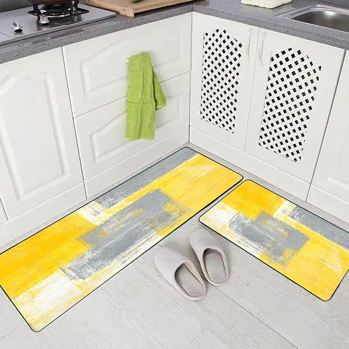TOMWISH Grey and Yellow Kitchen Mat Non Skid Washable Kitchen Rug | Yellow Abstract Art Painting Kitchen Sink Rug 2 Piece Floor Mats for Home Kitchen 18"X48"+18"X30" Decor and Accessories