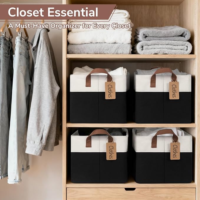 CHICVITA 4 Pack Large Fabric Storage Baskets for Shelves, 30L Black & White | 16.8" × 11" × 9.8" Closet Storage Bins for Toys, Blankets & Clothes, Fits Nursery & Bathroom Organization, Metal Frame