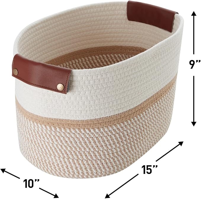 3 Pack Woven Cotton Rope Storage Basket, 15x10x9, White/Brown | Faux Leather Handles; Decorative Closet Shelf Organizer; Ideal for Storage & Organization