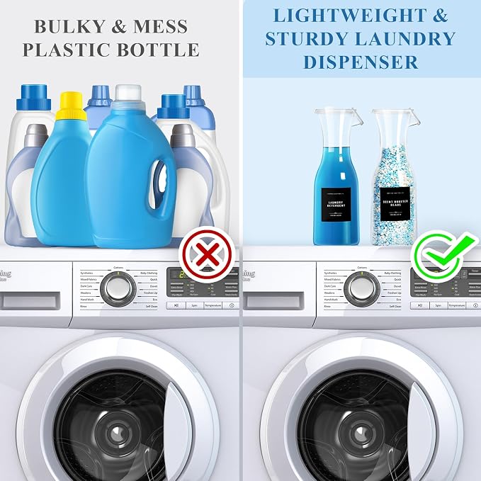 Laundry Detergent Dispenser Bottle 40oz with Waterproof Label for Detergent, Soap, Fabric Softener, Scent Booster Beads, Sturdy PET Bottle for Laundry Room Decor - 2 Pack Black