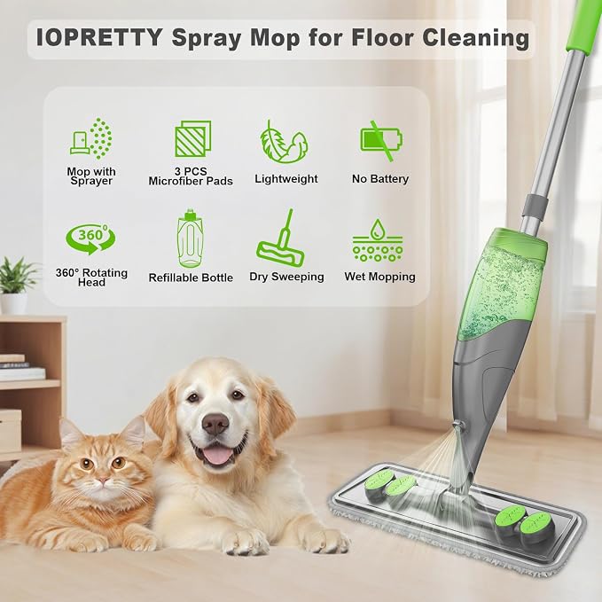 Spray Mop for Floor Cleaning - Wet Dry Mops for Multi-Surfaces | 3 Microfiber Washable Pads Compatible With Swiffer Powermop, 500+ ML Refillable Bottle, 360° Swivel Head, Grey Green