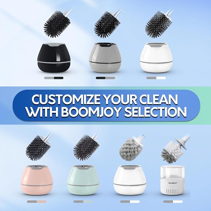 BOOMJOY Toilet Brush and Holder Set, Silicone Toilet Bowl Cleaner Brush, Bathroom Cleaning Bowl Kit with Tweezers, Bathroom Accessories with Aluminum Handle - White