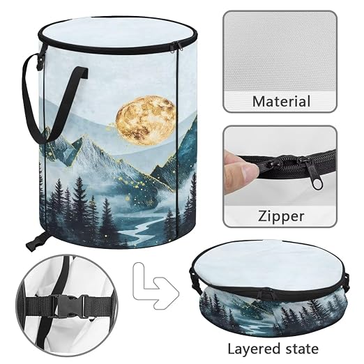Natural Scenery Outdoor Garbage Can with Lid Fashion Car Trash Can for Back Seat Floral Waterproof Foldable Trash Cans for Camping Bedroom Decoration