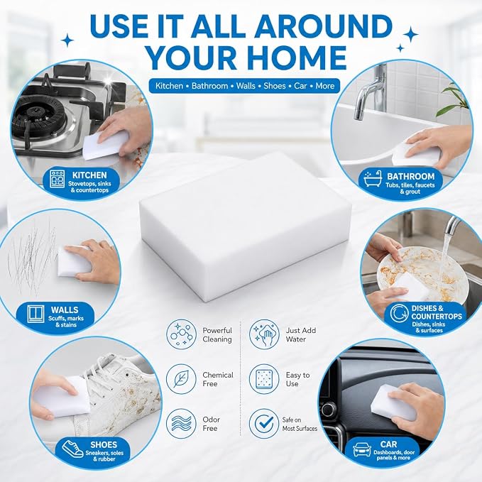 100 Pack Melamine Foam Magic Eraser Sponges for Multi - Surface Use | High-Density Melamine Foam Extra Durable Resists Crumbling WALLS · SHOES · KITCHEN Powerful Cleaning with Just Water