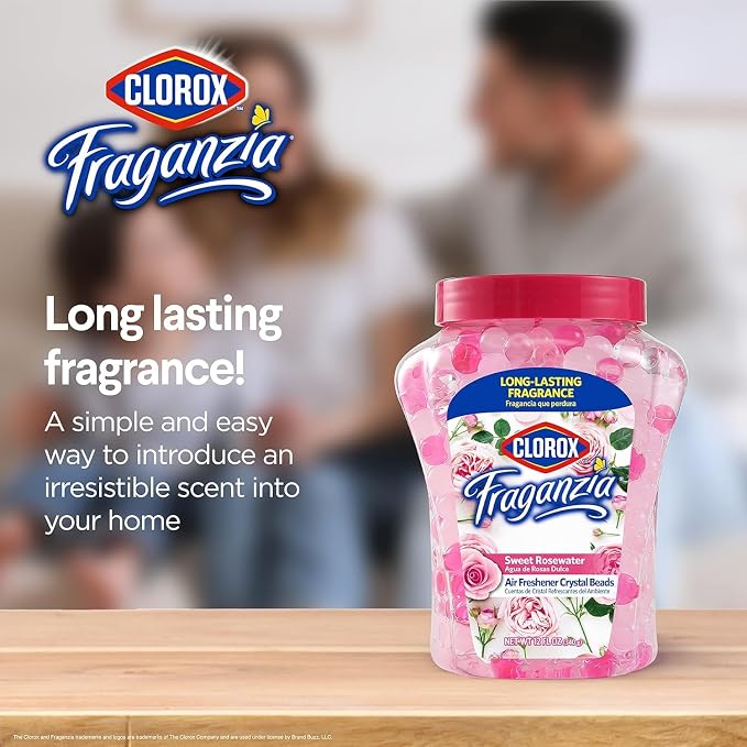 Clorox Fraganzia Crystal Beads Air Freshener, Sweet Rosewater, 12 Oz, 2-Pk | Gel bead formula, long-lasting scent, no spray or mess, home car and office use