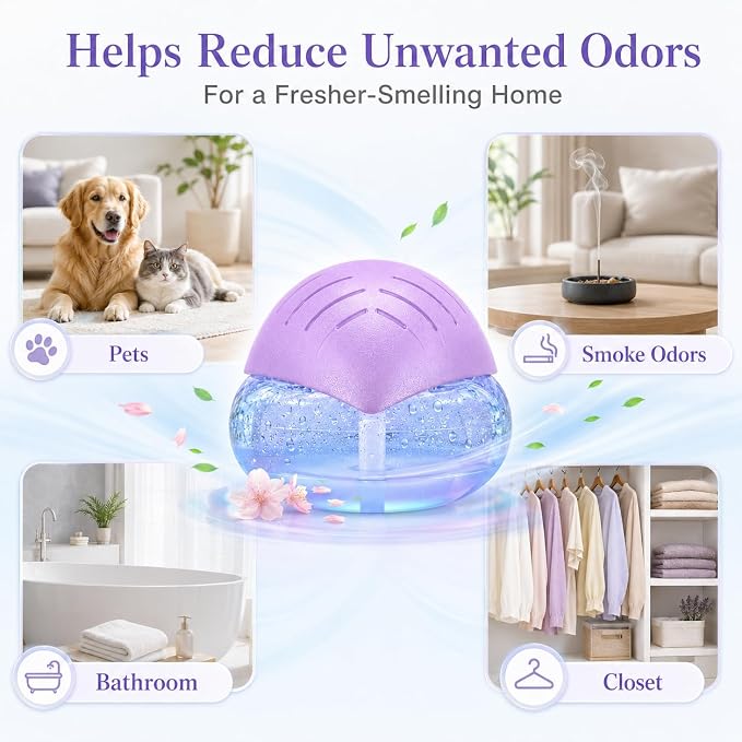Air freshener (Purple) - for Home, Bedroom and Office - Essential Oil Aroma Diffuser with LED Coloured Night Light with Soothing Water Flow Sound - Water Filtered air Purifier for Pets and Smokers.