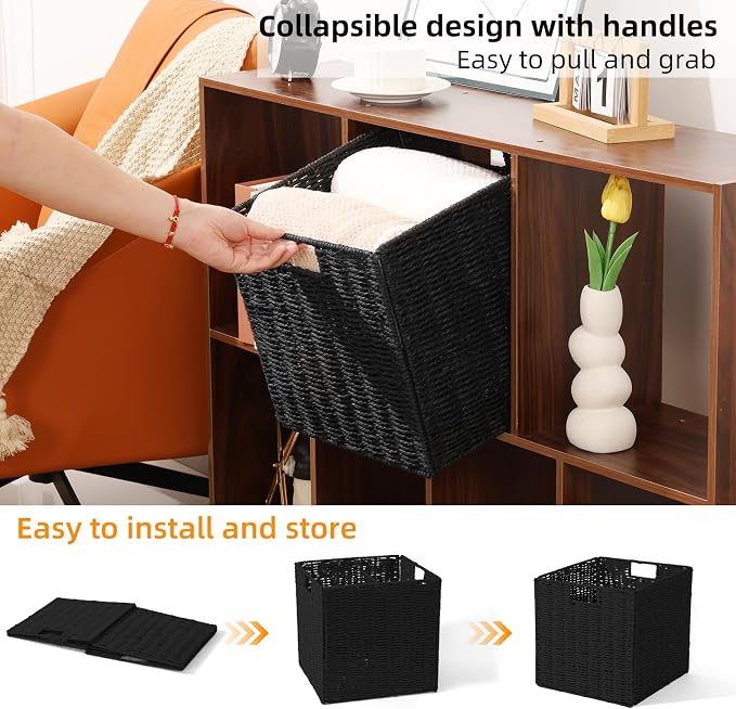 Set of 2 Hand-Woven Paper Rope Wicker Baskets,12x12x12in Storage Basket, Foldable Cube Storage Bins, Black Storage Cubes, Square Baskets for Organizing Shelves Decor