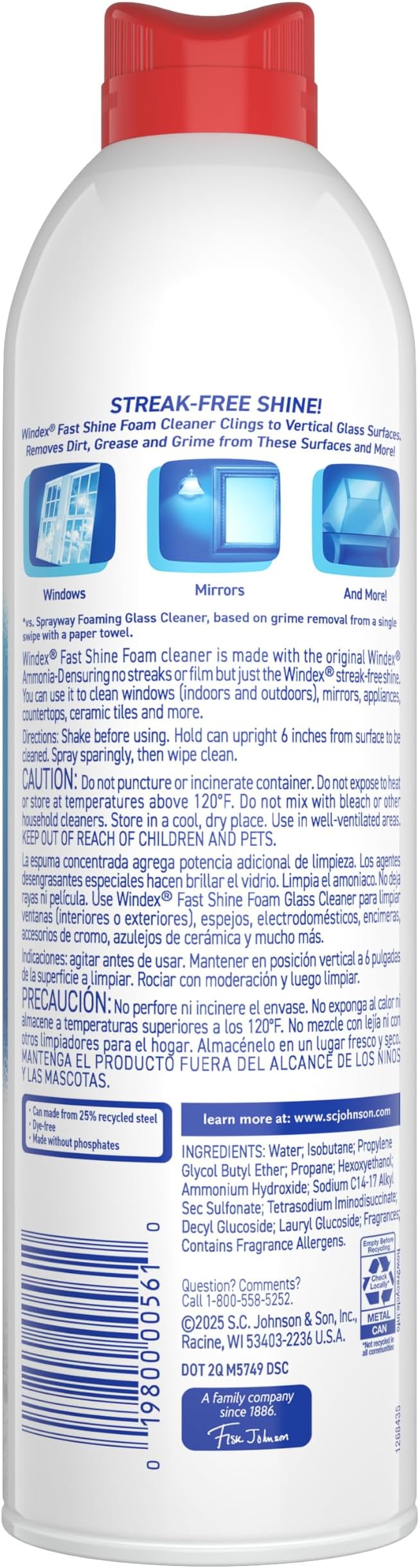 Windex Fast Shine Foam Glass Cleaner, No-Drip Windows, Doors, Mirrors, Countertops Aerosol Cleaning Spray, Streak-Free Shine, Removes Fingerprints, Dust, Dirt, Gardenia Scent, 19 oz (Pack of 6)
