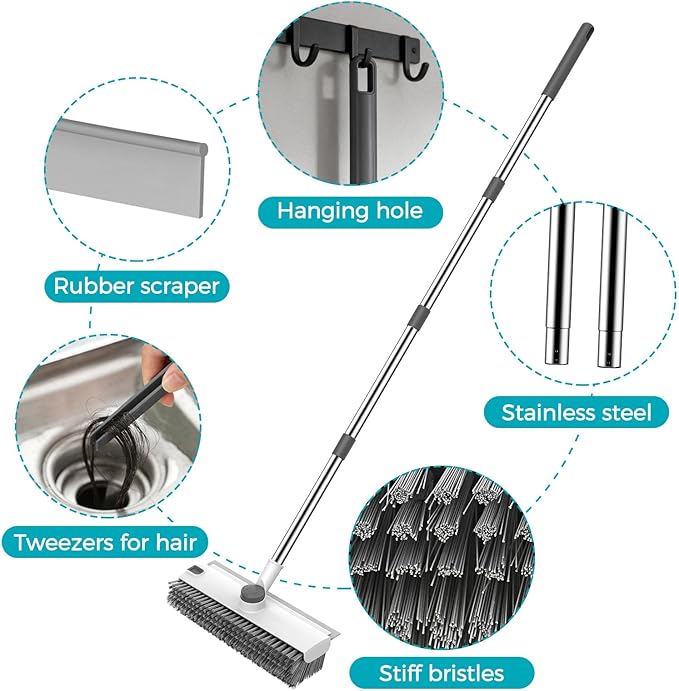 SetSail Floor Scrub Brush with 54in Adjustable Long Handle, Grey&White | 3 in 1 Floor Scrub Brush with Scraper and Stiff Bristle, Heavy Duty Floor Scrubber for Shower Bathroom Kitchen Patio Garage